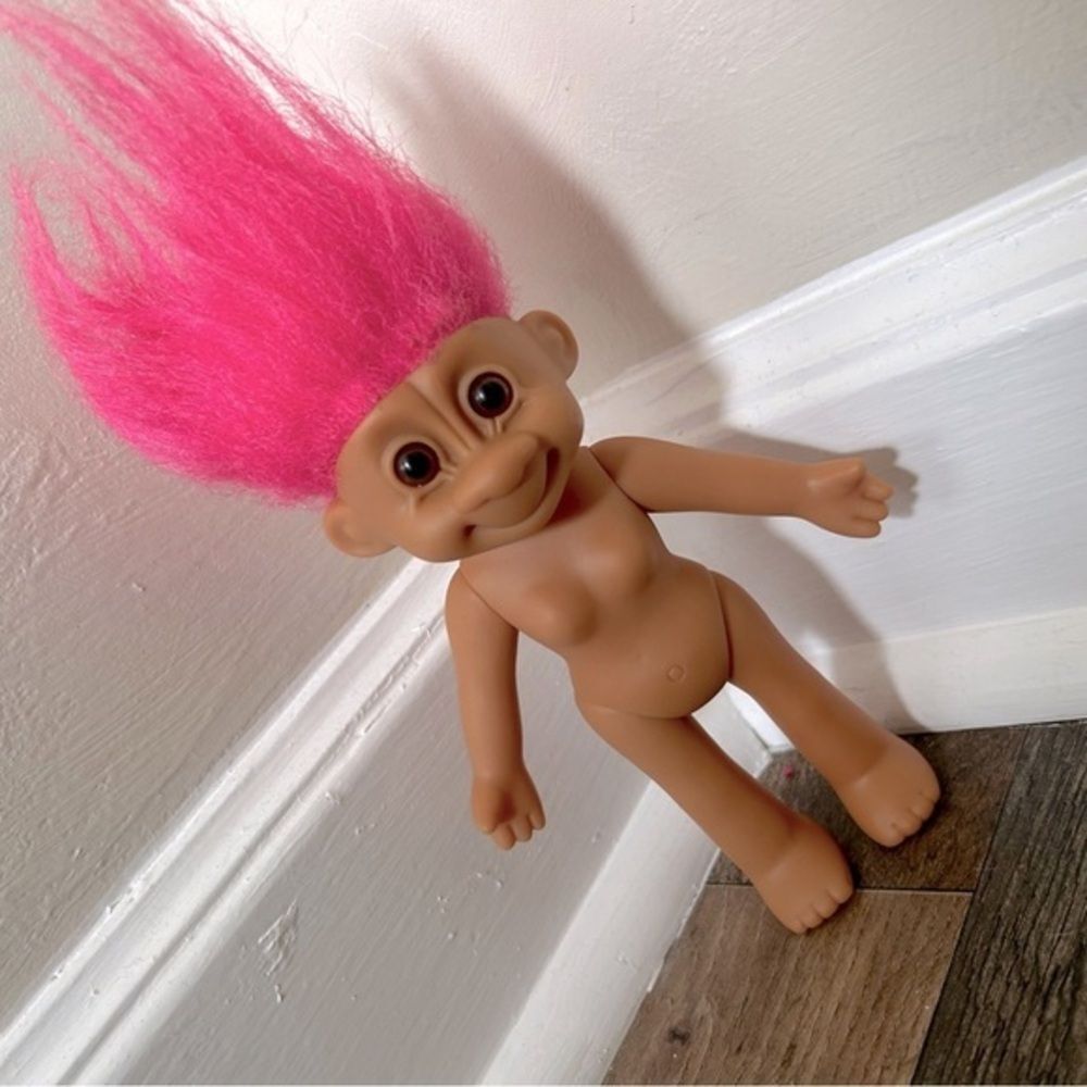 Vintage Trolls Doll 9” 80s 90s Pink Hair Brown Eyes